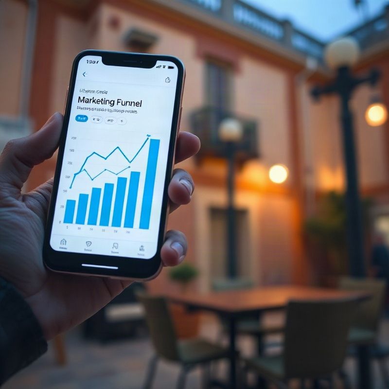 Smartphone mostrando analíticas de embudo de marketing en tonos azules