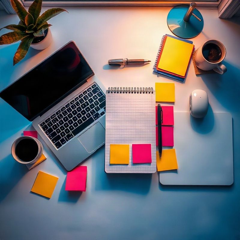 Espacio de trabajo estructurado con notas adhesivas y laptop en tonos azules