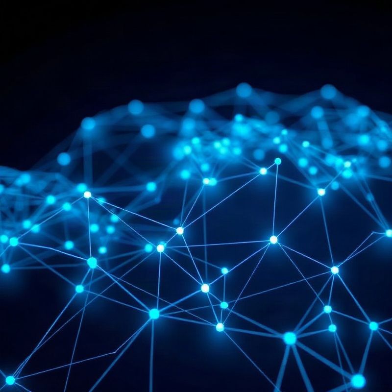 Visualización abstracta de nodos y líneas de flujo de datos en azul